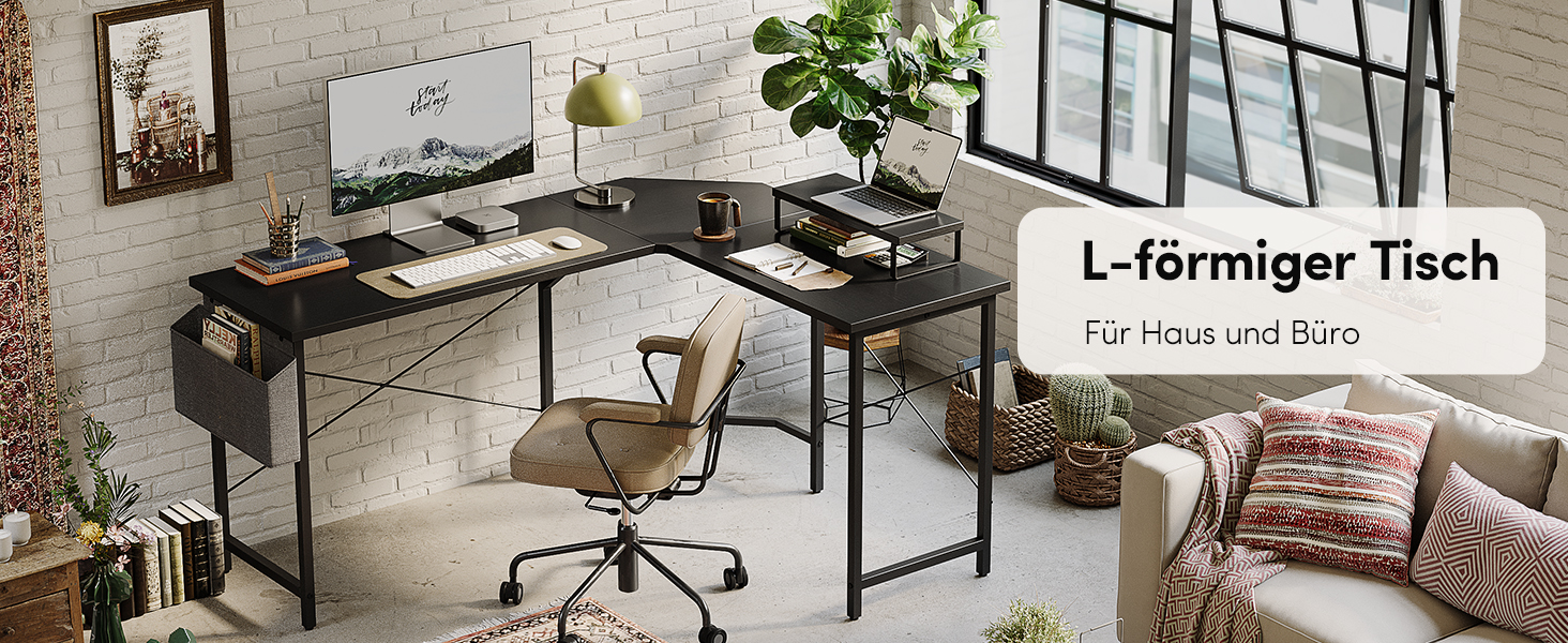 Ігровий стіл CubiCubi L-подібний, 150x120 см, з підставкою для монітора та кишенькою для зберігання, чорний