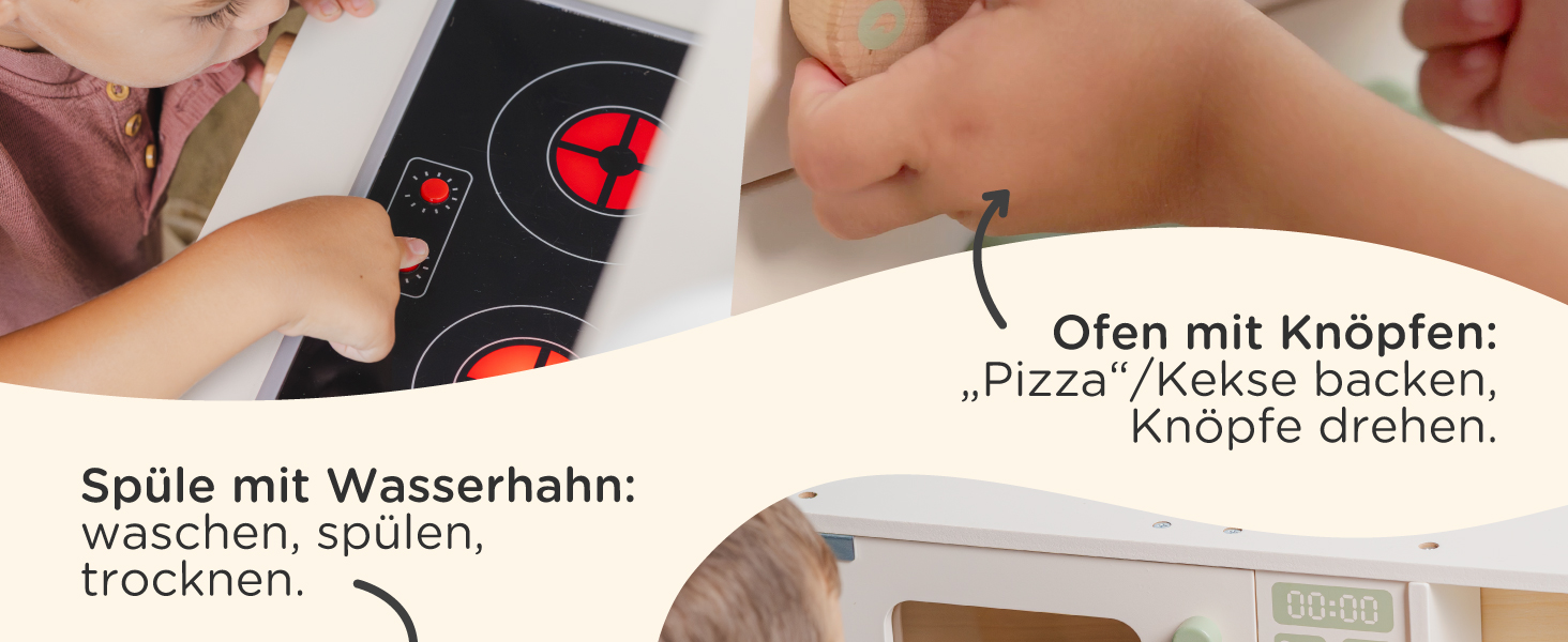 Дерев'яна дитяча кухня Nene Toys – іграшковий кухонний набір з підсвіткою та звуком, мийка, кран, мікрохвильова піч, духовка, полиці, гачки + аксесуари – іграшка Монтессорі від 3 років – подарунок для дівчаток та хлопчиків