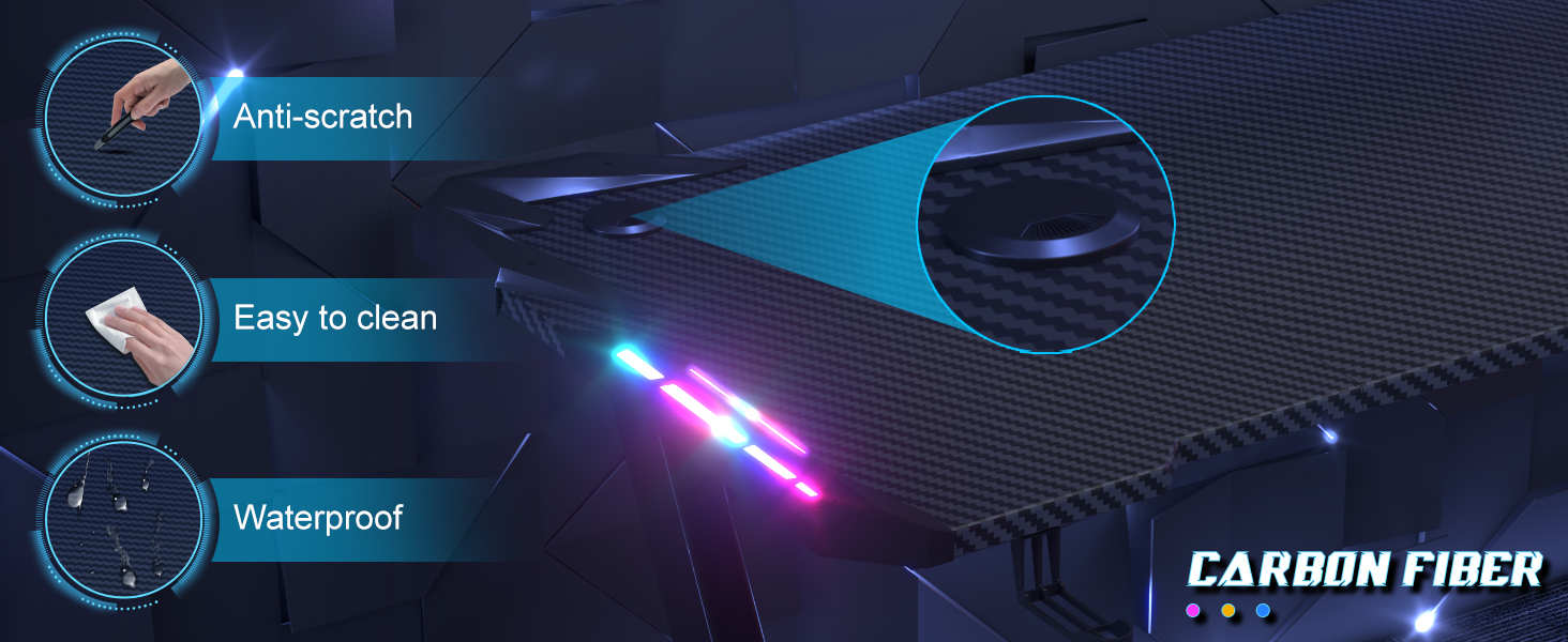 Ігровий стіл JUMMICO з RGB LED-підсвіткою, комп'ютерний стіл для геймерів та Home-office з тримачем для навушників та підстаканником, чорний (140 x 60 см)
