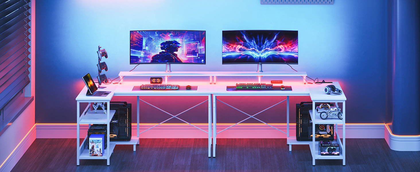 Геймерський стіл Coleshome L-подібний з LED-підсвіткою та розетками, 120x80 см, кутовий письмовий стіл із полицею, реверсивний, підставка для монітора, для офісу чи кабінету, білий