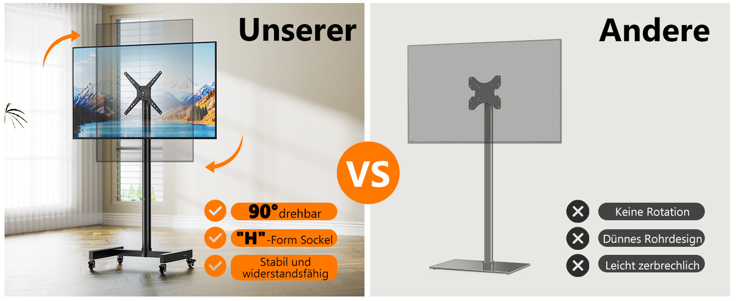 Підставка для телевізора на коліщатках для 17-50 дюймів, поворот 180°, регулювання висоти, VESA 300x300 мм, до 30 кг