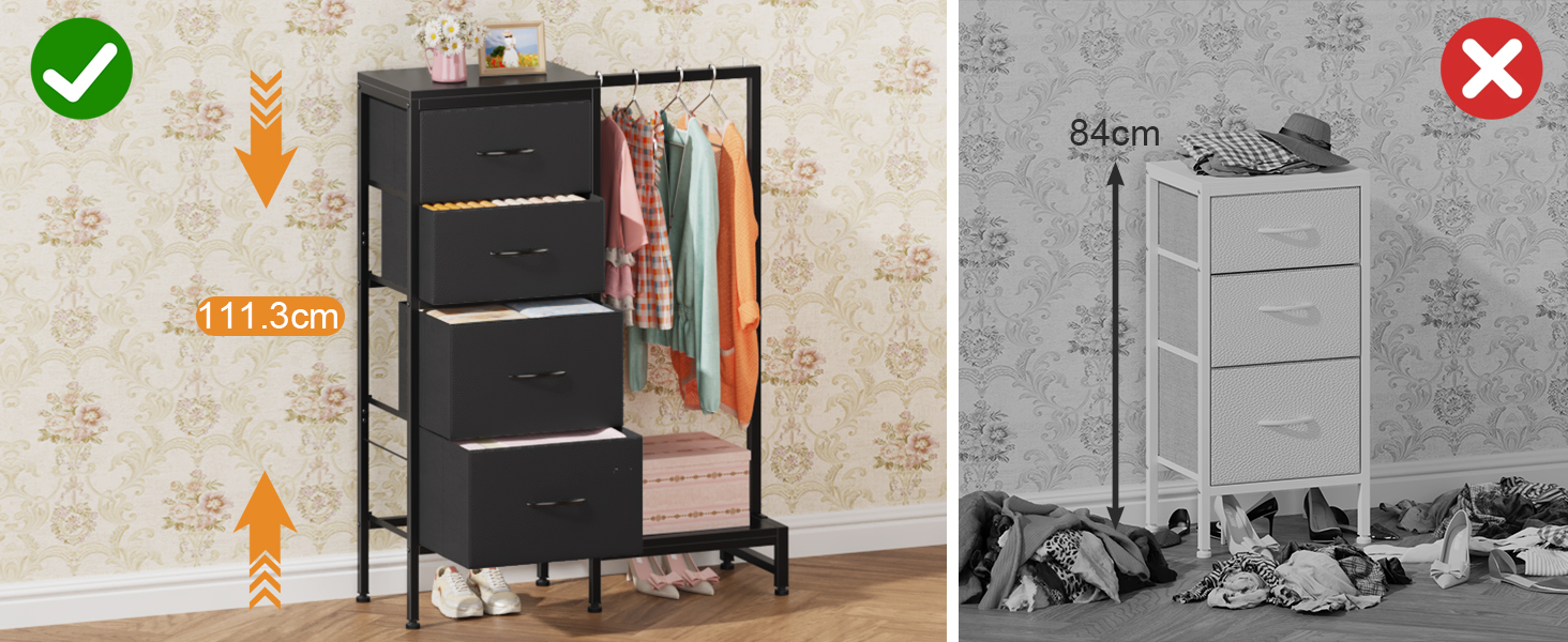 Комод 111 см з 4 висувними ящиками з тканини, шафа для одягу, комод для спальні, вітальні, коридору, чорний (30T x 76.5B x 111H см)