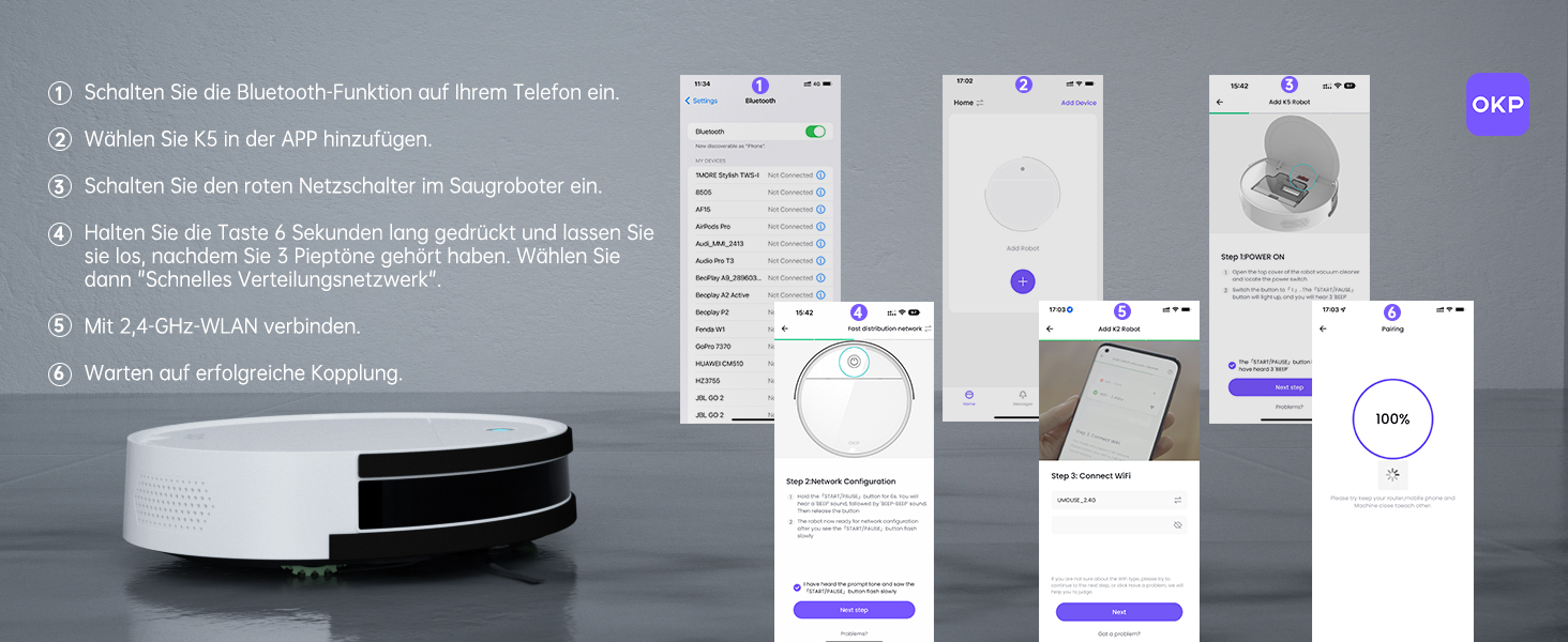 Робот-пилосос OKP K5 з потужністю 5000Pa, навігацією, HEPA-фільтром, Wi-Fi, для тварин, килимів та твердих підлог