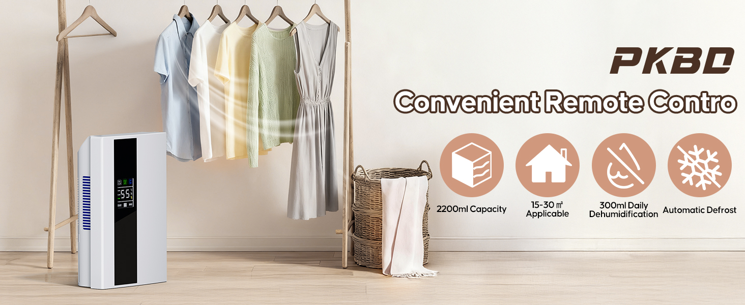 Електричний осушувач повітря 2200 мл з пульт дистанційного керування та LED дисплеєм, тихий (＜30dB), автовимкнення, таймер 24 год, режим сну для спальні, ванної кімнати, підвалу до 25㎡