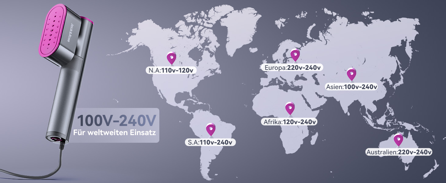 Парoгенератор для одягу Jack & Rose, 110-240V, 1000W, портативний, 2-в-1, для подорожей, сірий