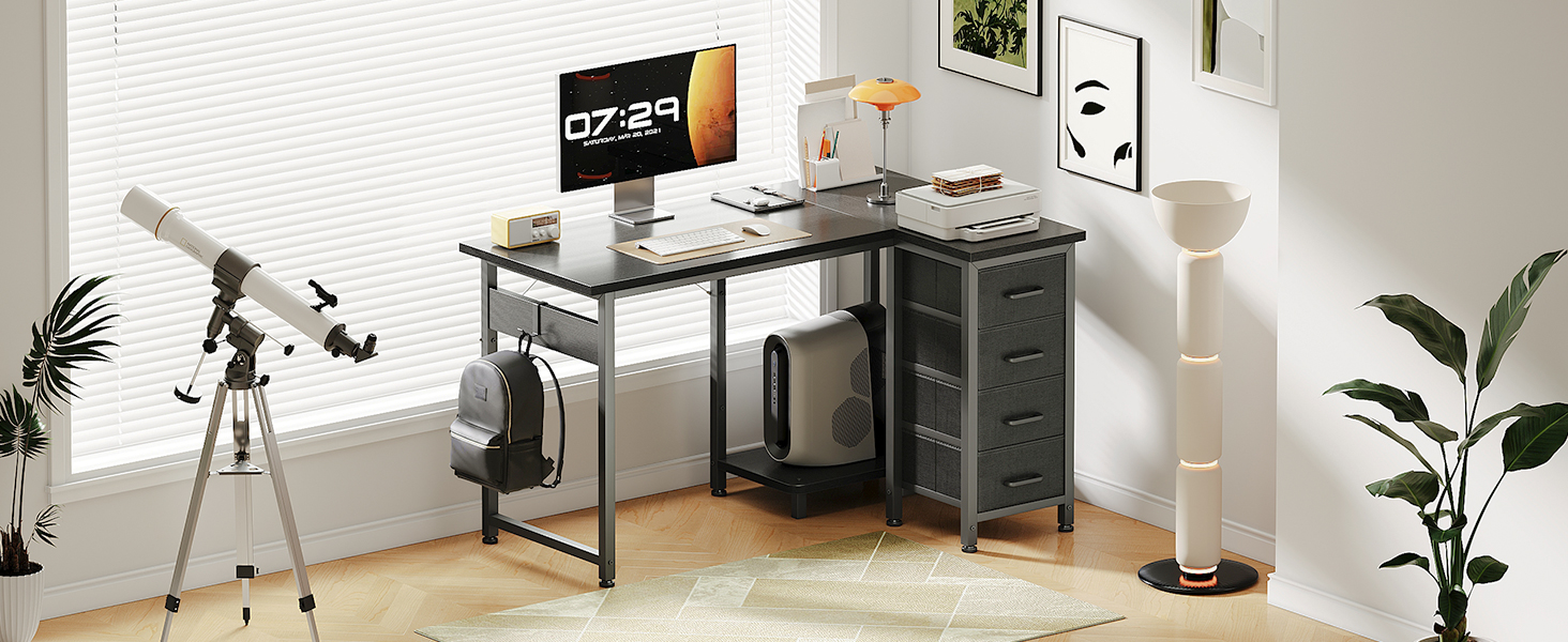 Комп'ютерний кутовий стіл Coleshome 100x70 см з 4 шухлядами, білий/чорний, для офісу, робочого кабінету, спальні