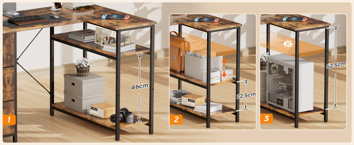 Комп'ютерний стіл HLONONE L-подібний з 3 висувними ящиками для тканини, з полицями та бічною кишенею, для офісу, геймінгу та дому, білий (140 x 80 см, коричневий)