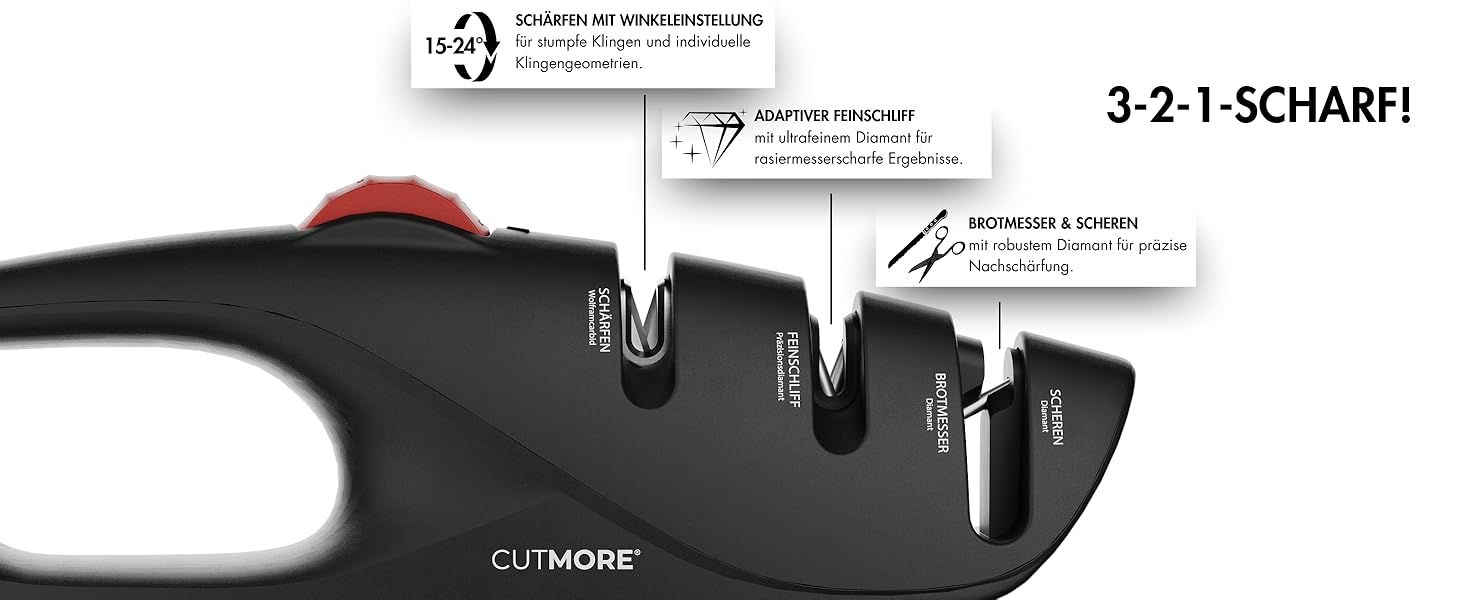 CUTMORE® Точилка для ножів Diamant - Оригінальна 5-в-1 для хлібних ножів, ножиць та ножів – Професійний прецизійний кут – Нековзна, проста, ефективна – Відома у спільноті Hobbykoch (ProSharp)