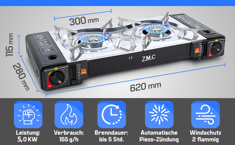 Газовий набір для кемпінгу ZMC 2-поверховий з адаптером для LPG + 4 балончики 227г + кейс, 2.5кВт, з Piezo-запалюванням, для відпочинку на природі та дому
