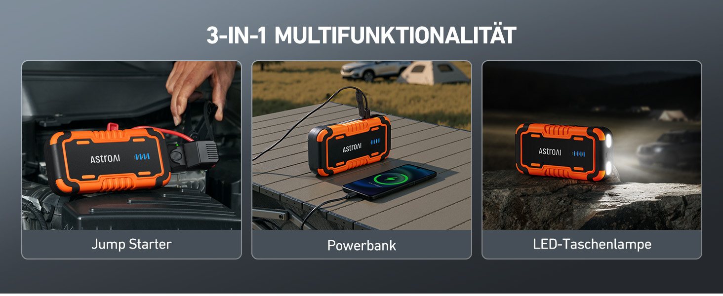 Пусковий пристрій AstroAI Powerbank для автомобіля (ПКВ), портативний бустер з USB QC 3.0, помаранчевий