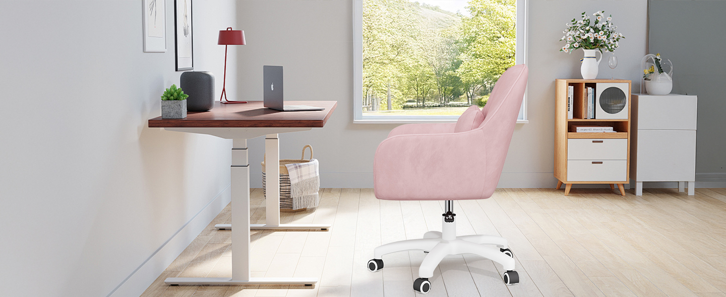 Крісло Aivermeil для дому та офісу, оксамитове, з підголівником, поворотне, регульоване по висоті, ергономічне, для робочого кабінету, спальні, до 120 кг (Рожеве)