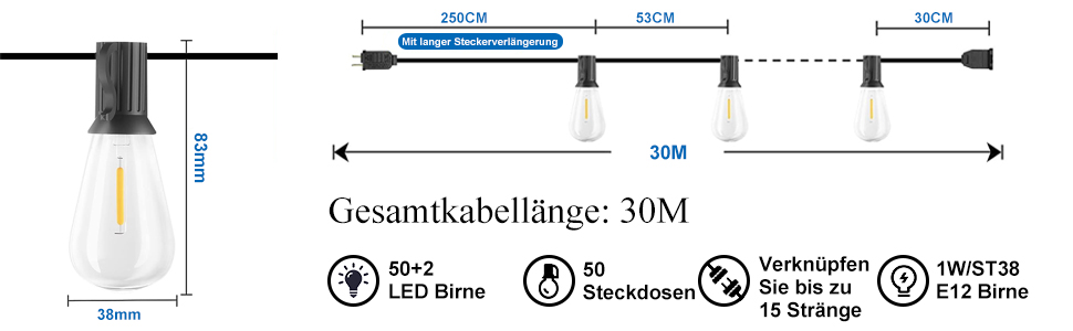 М світлодіодних струнних ліхтарів з регулюванням яскравості зовні, 52 вінтажні лампи ST38, 2200K, водонепроникні, теплі білі, 30