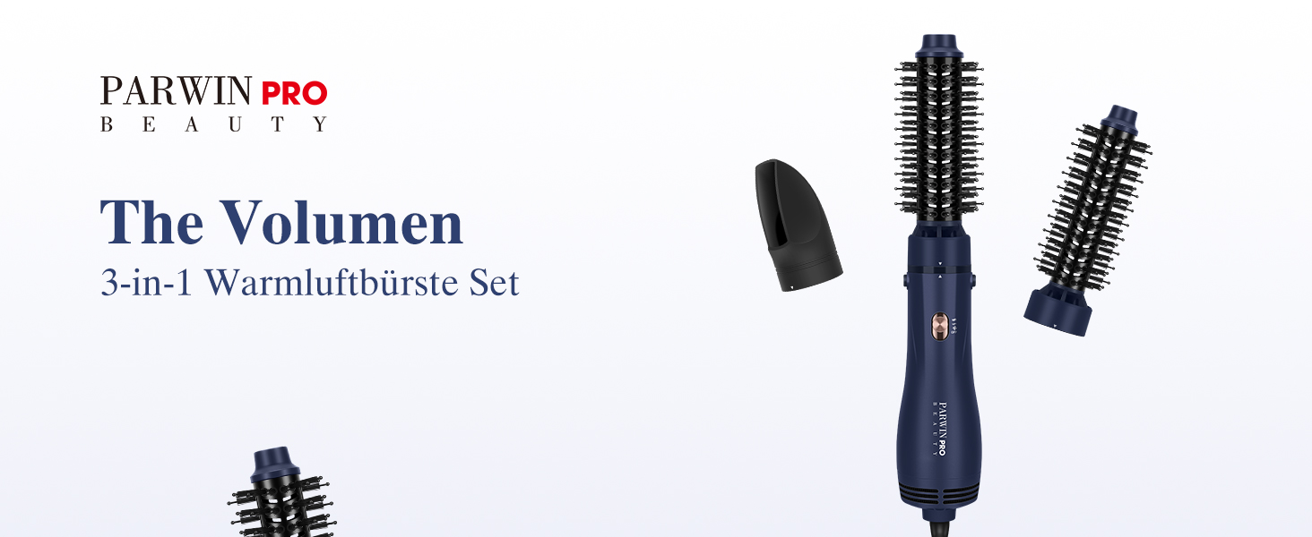 PARWIN PRO BEAUTY 3-в-1 Фен-щітка для волосся, стайлер, випрямляч, об'єм, локони, кераміка, іонна технологія, 1100 Вт, синій