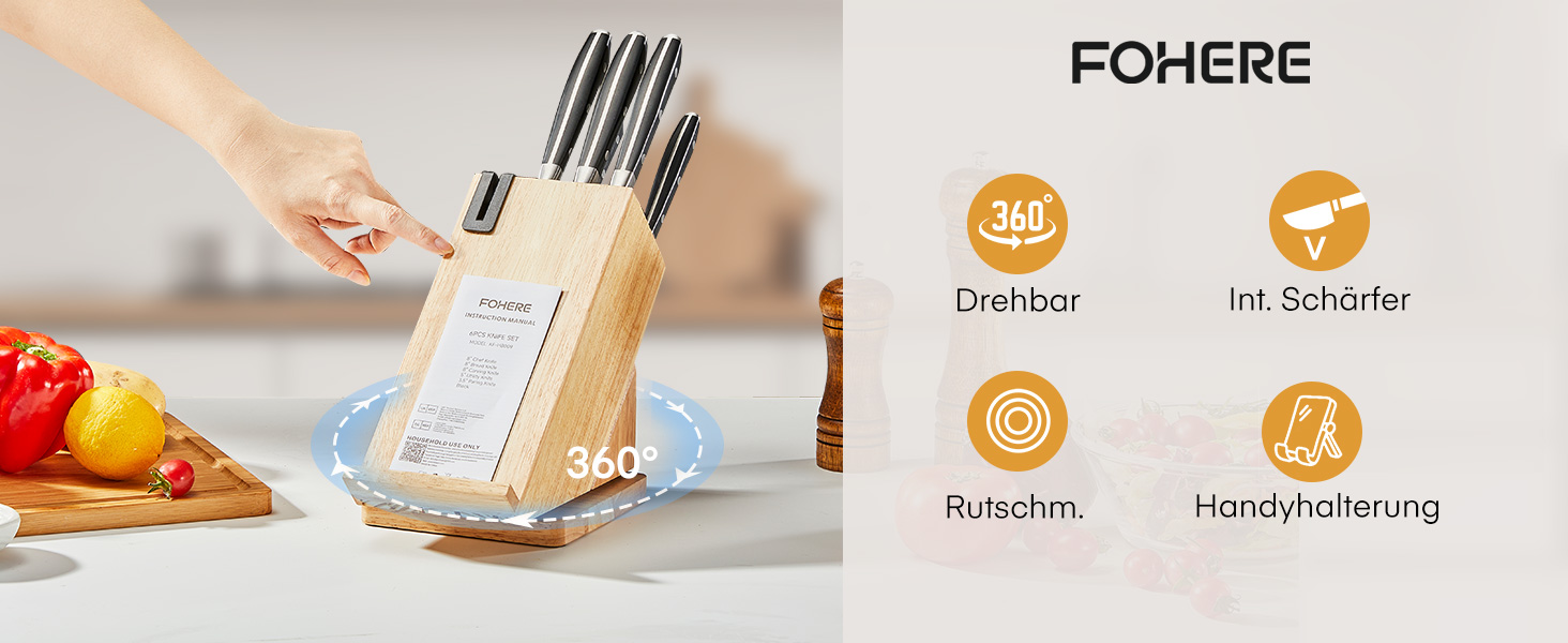 Набір кухонних ножів Messerblock 6 шт. з поворотним блоком 360°, сталь 5Cr15, з точилкою та підставкою для телефону