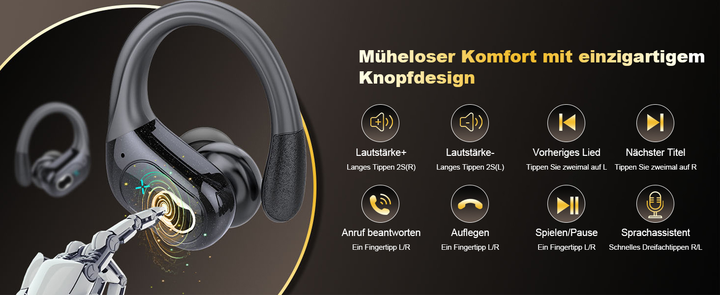 Навушники Aptkdoe Sport Bluetooth 5.3, 75h HiFi, водонепроникність IPX7, вушні гачки, чорний