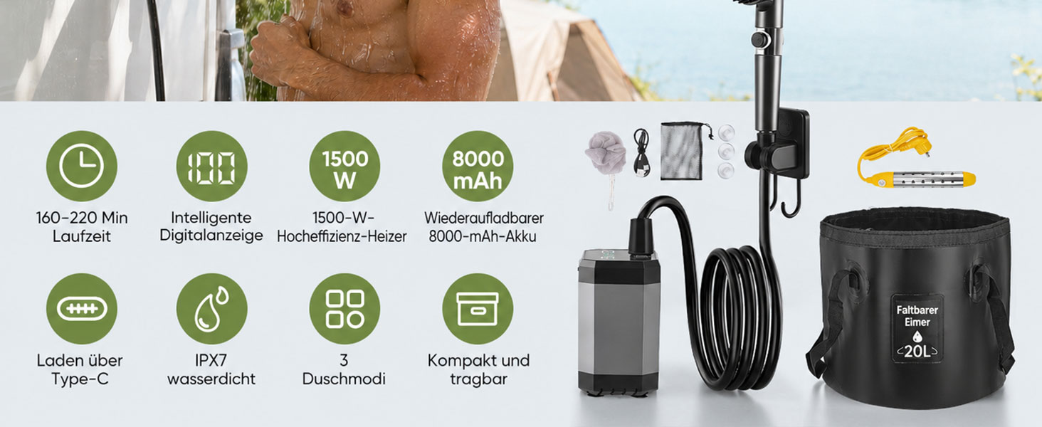 Портативний кемпінговий душ з помпою, акумулятором 8000mAh, підігрівом води та складаним відром 20Л, IPX7 водонепроникний