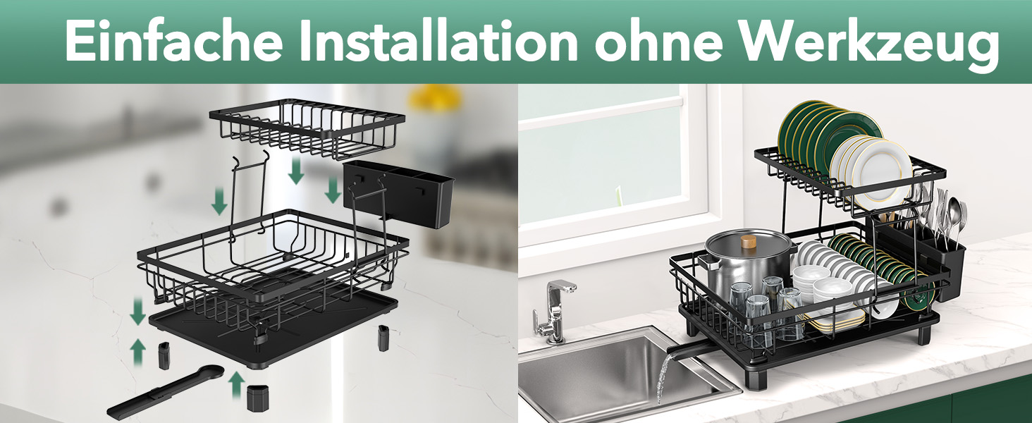 Сушарка для посуду ROTTOGOON розширювана, 2-ярусна, чорна: нержавіюча сталь, з висувним носиком та відділенням для столових приборів