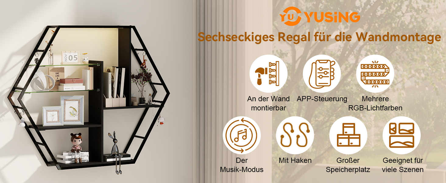 Підвісні полиці YU YUSING з RGB підсвічуванням (7 кольорів), з 8 гачками, для ігор, декору, спальні, кухні, бару, ігрової кімнати, гексагональної форми, 100x20x87 см