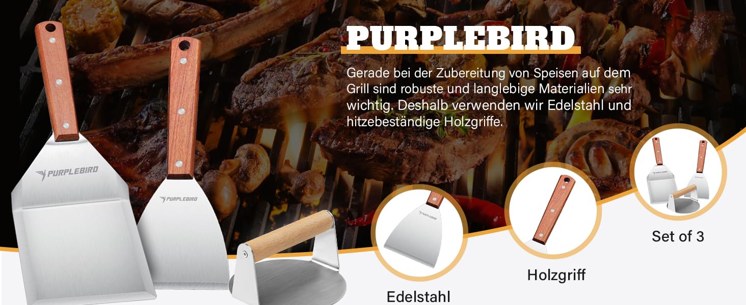 Набір гриль-посуду PURPLEBIRD 5 предметів: професійний інструмент з нержавіючої сталі, сумка-фартух, дерев'яні ручки, ідеальний для BBQ, Teppanyaki, подарунок для чоловіків (набір для бургерів)