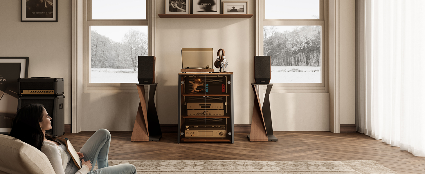 FITUEYES HiFi стійка з скляними дверцятами, стіл для програвача з захисним оснащенням, регульовані полиці для програвача та стереосистем, 66x65x81 см