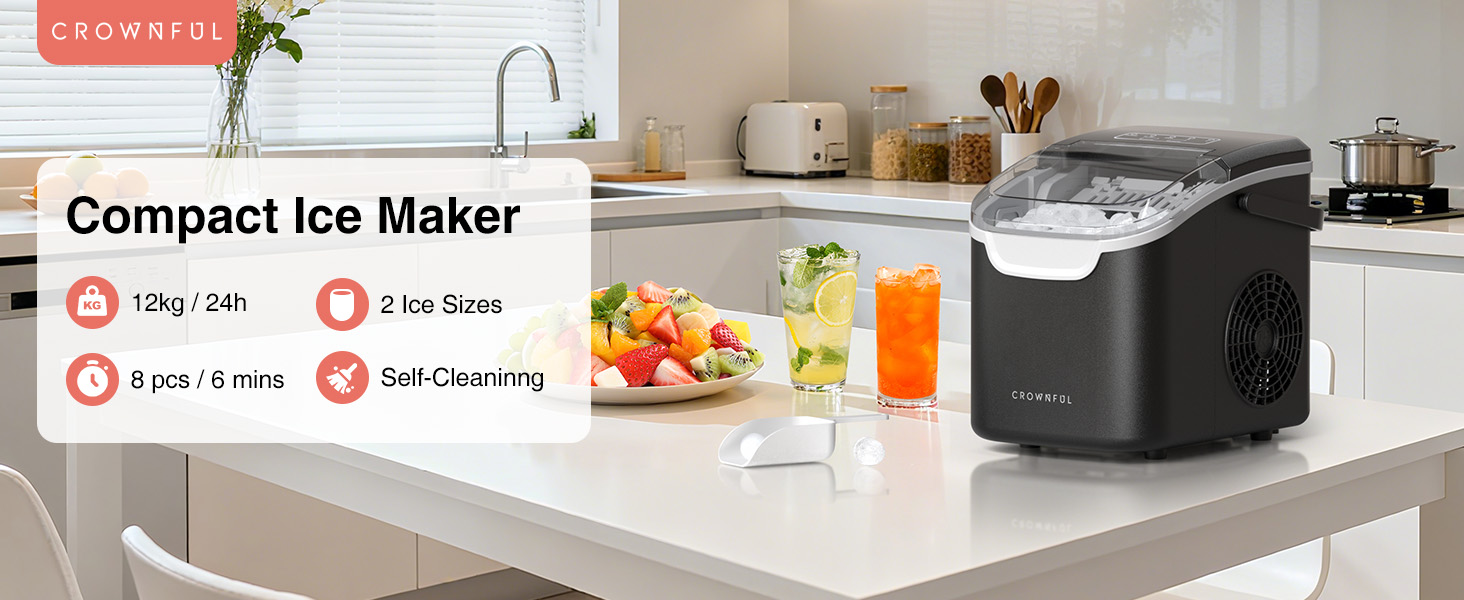 Crownful Машина для льоду портативна (Чорна) - Швидке виробництво льоду для дому та офісу