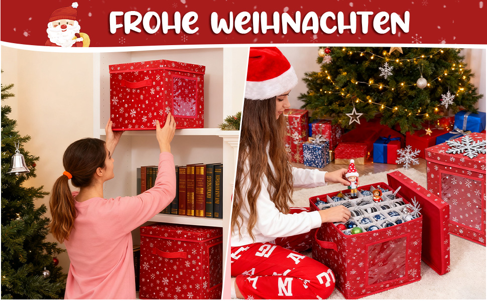 Коробка для зберігання новорічних прикрас з 166 відділеннями, 31x31x30 см, червона, з сніжинками