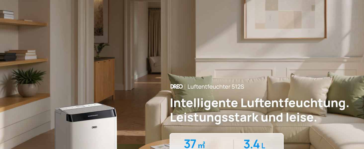 Dreo Розумний осушувач повітря - 20л, для приміщень до 37 м², з керуванням через додаток та Alexa, 3 режими, таймер, регулювання вологості, з відводом води, для спальні та ванної кімнати, білий/чорний