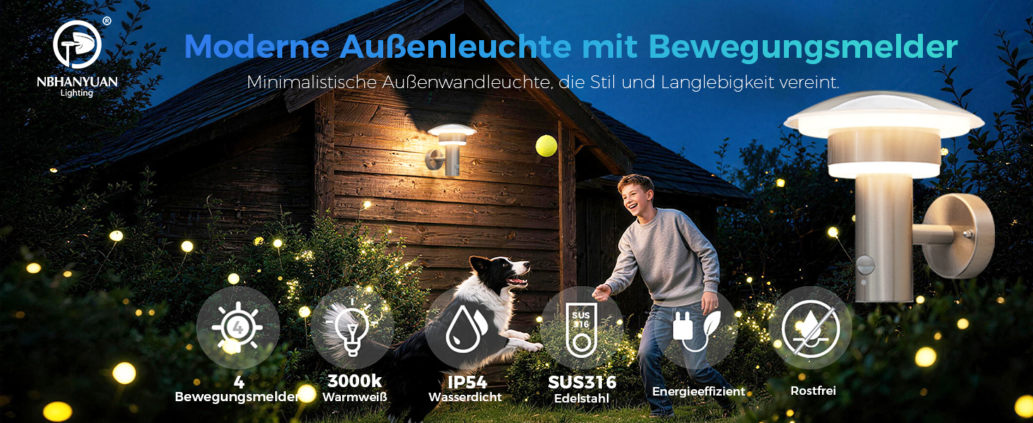 Світильник вуличний NBHANYUAN Lighting LED з датчиком руху та освітлення, нержавіюча сталь SUS316, IP54, тепле біле світло (3000K), 1000 лм, 9Вт, сріблястий