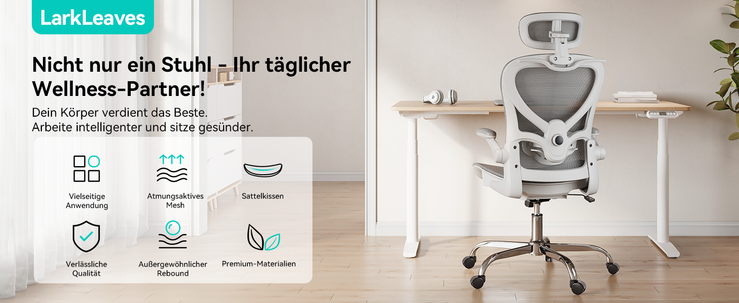 Офісне крісло LarkLeaves з ергономічною спинкою, регульованими підлокітниками, підставкою для попереку та підголівником. Максимальне навантаження 140 кг, сірий колір.