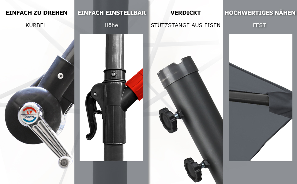 Садова парасолька від сонця Alu Ampelschirm з ручкою-курбою, Ø300 см, сіра, з UV-захистом та водовідштовхувальним покриттям
