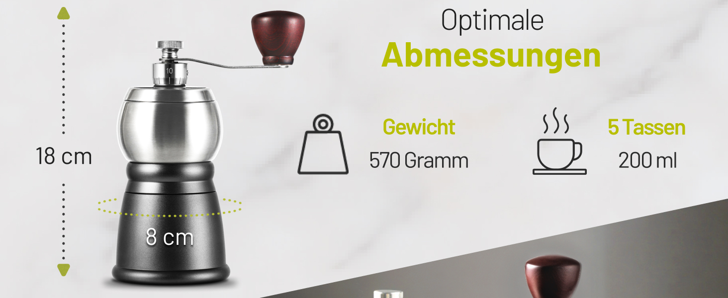 Ручна кавомолка Manuell з нержавіючою сталею, регульовані ступені помелу для еспресо, фільтр-кави та моки – компактна та міцна