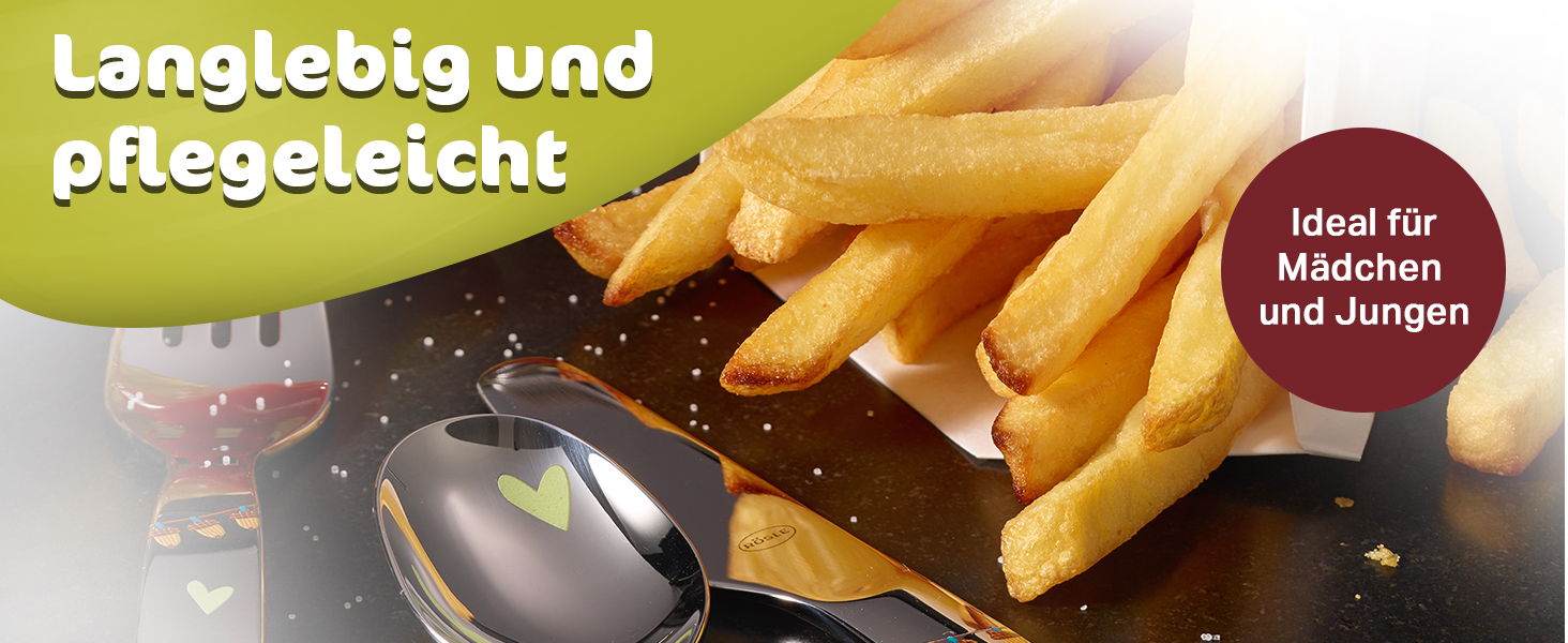 Дитячий набір столових приборів RÖSLE 'Waldfreunde' (4 шт.) з нержавіючої сталі 18/10, для дітей від 3 років, придатний для миття в посудомийній машині, чудовий подарунок на хрещення для хлопчиків та дівчаток