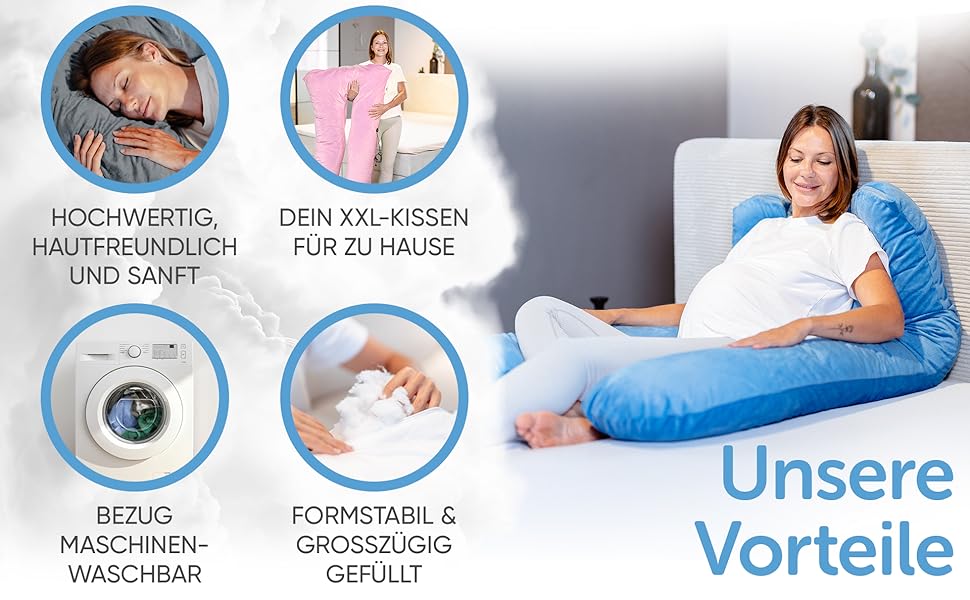 Лотос Подушка для тих, хто спить на боці [З підігрівом] XXL Комфортна подушка для вагітних та годуючих | Хмарно-блакитний