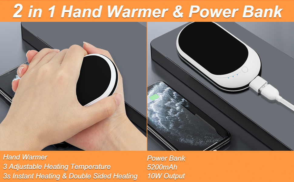 Електричний грілка для рук USB, Powerbank 5200mAh, портативний, багаторазовий, для жінок та чоловіків, для кемпінгу, зимові подарунки, чорний та білий