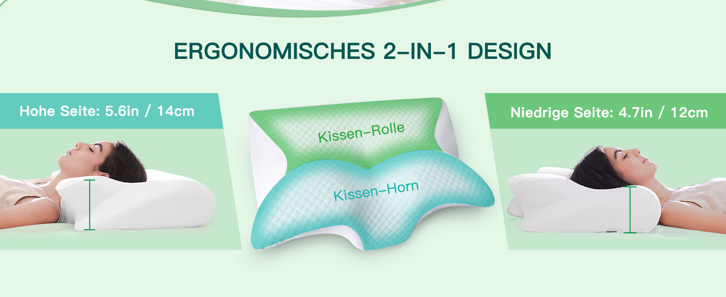 Подушка для шиї з піни Memory Foam 2-в-1, ергономічна, 60x40x12/14 см, біла - для спини, боку та живота