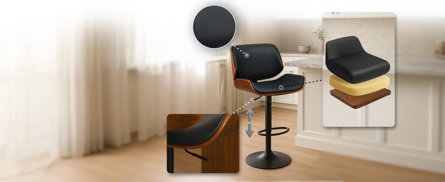 Барний стілець CLP Beverley з штучної шкіри, регульована висота та поворот, дерев'яний табурет з підніжкою, колір: горіх/чорний