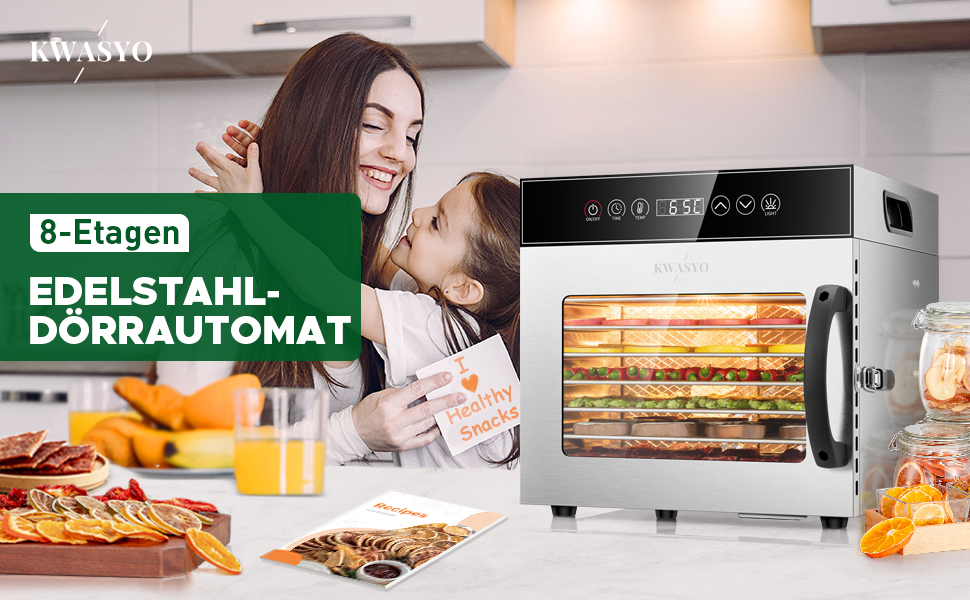 Сушарка для продуктів Kwasyo Edelstahl 750W з 8 рівнями, цифровим таймером, регулюванням температури та захистом від перегріву