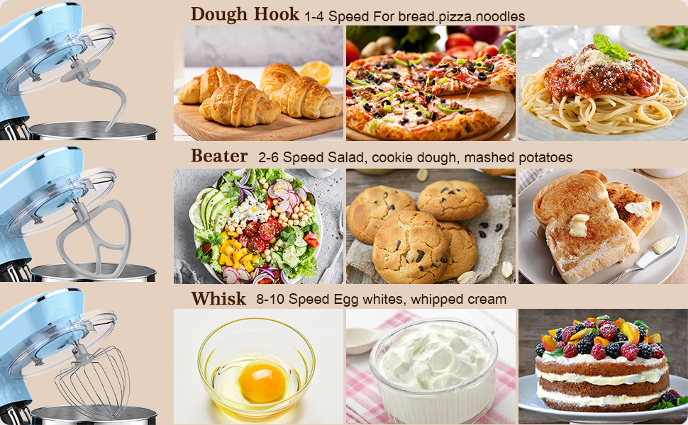 Кухонна машина Vezzio 1500W з чашею 8.5L з нержавіючої сталі, 10 швидкостей, для замішування та збивання тіста, з набором насадок (Синій)