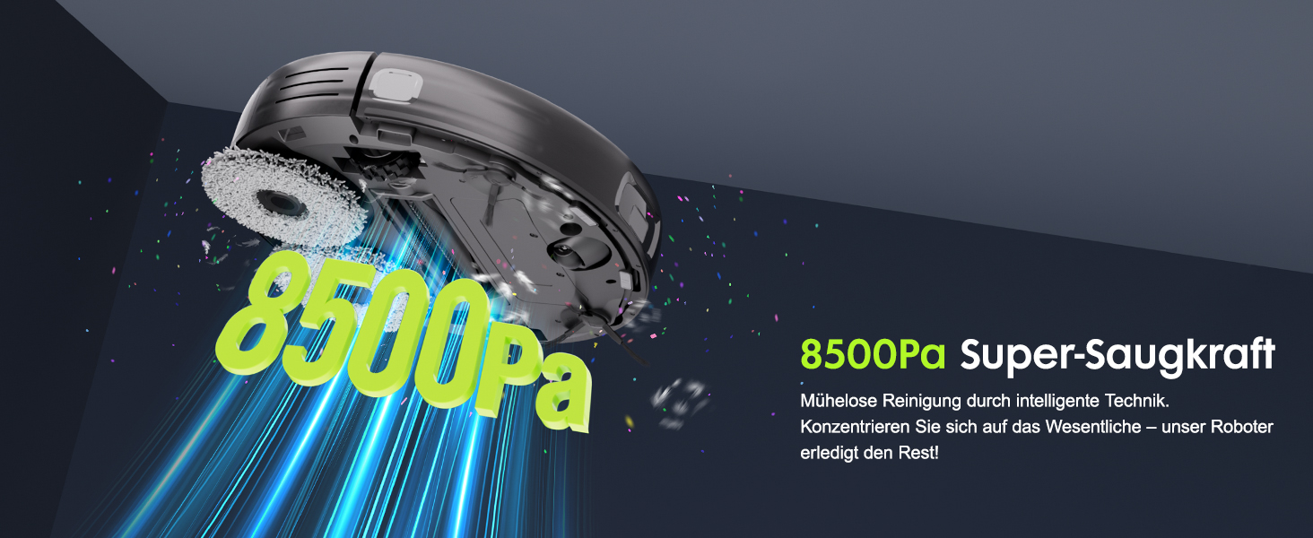 Робот-пилосос з функцією миття, автоматичне спорожнення (75 днів), потужність 8500Pa, зрізач для шерсті тварин, лазерна іграшка для котів, лазерна навігація, знімне м'яке прибирання, робот-пилосос для твердих поверхонь, килимів та шерсті тварин, чорний