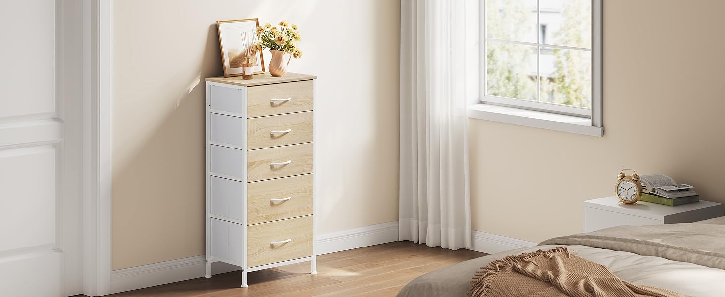 Комод WOLTU з 5 висувними ящиками з тканини, шафа-комод, тумбочка, для спальні, вітальні, передпокою, з металевим каркасом та ДСП, світлий дуб + білий, SSK004whe