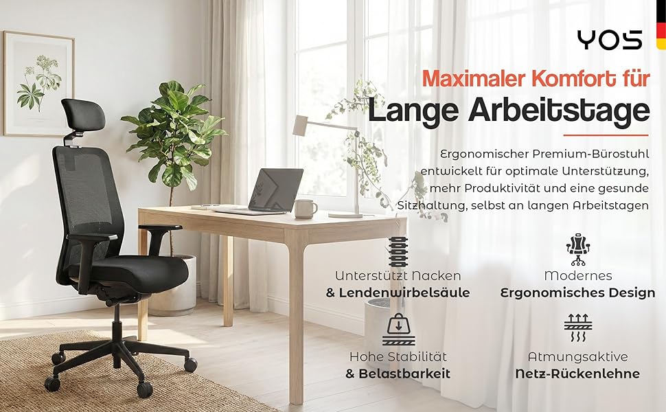 Офісний стілець YOS S5 з підтримкою спини та голови, чорний. Ergonomічний стілець до 150 кг, Made in Germany