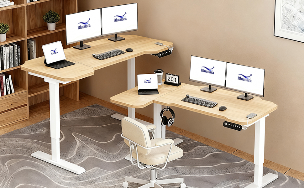 Електричний кутовий стіл з регулюванням висоти 150 см, L-подібний, з 4-ма пам'ятями, світлий дуб, для дому та офісу