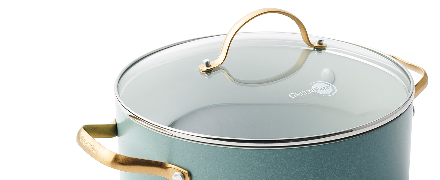 Каструля GreenPan Padova Reserve з нержавіючої сталі з антипригарним покриттям Hartelox, 18 см, 2 л, з кришкою з термостійкого скла, без PFAS, для індукційних плит, з золотим ручками, придатна для миття в посудомийній машині та випікання, колір Димчастий блакитний