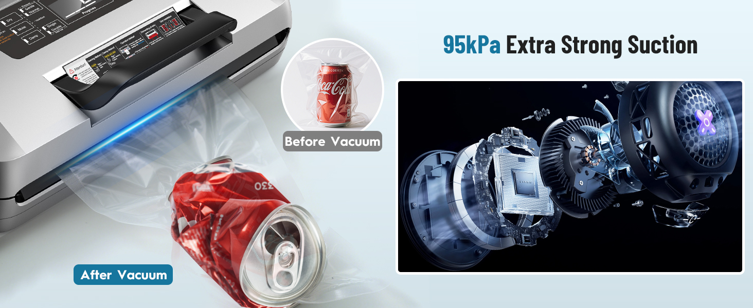 Професійний вакууматор для продуктів 12-в-1, 95кПа, з функцією безперервного вакуумування та подвійним швом, сріблястий (комплект: 1 рулон та 10 пакетів)