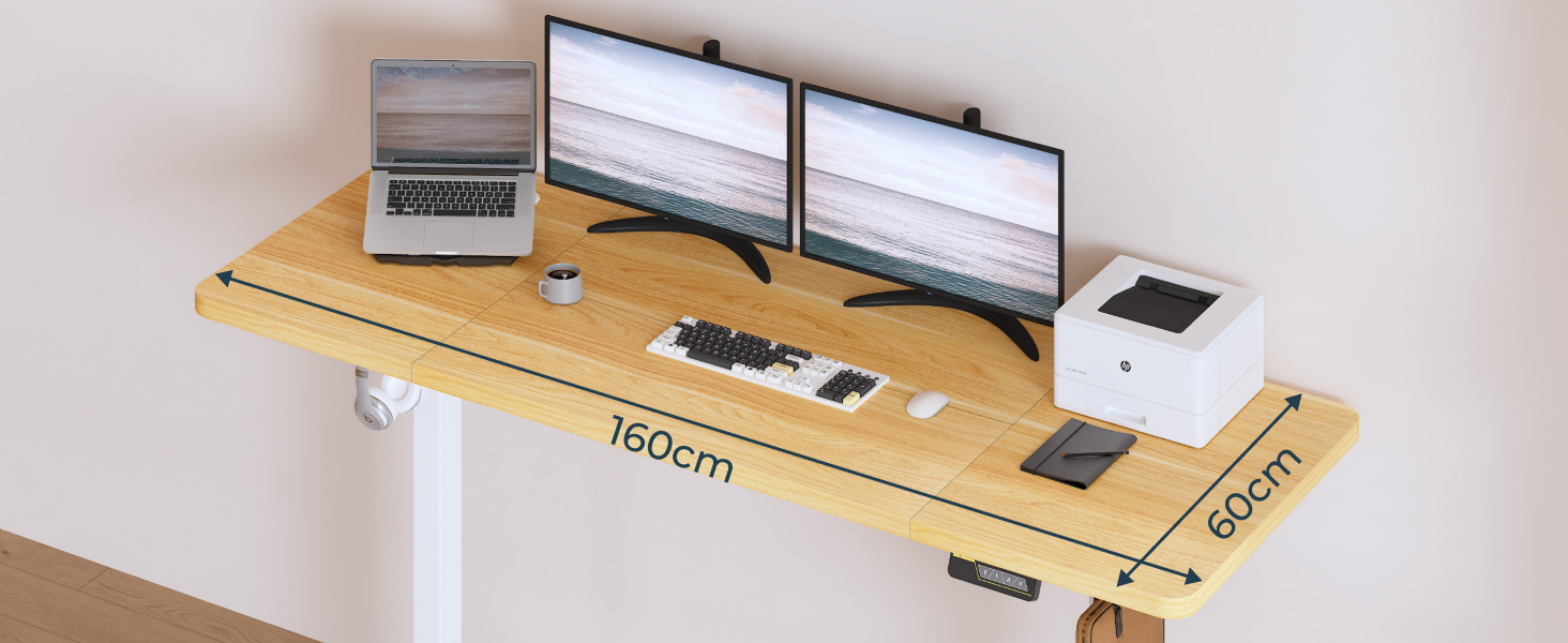 Регульований стіл FQ1 160x60 см з електропідйомом, з стільницею, для стоячи роботи, з комп'ютерним столом, гачком, блокуванням для дітей, функцією пам'яті для офісу та дому - Ahorn 160 x 60 см Білий + Ahorn