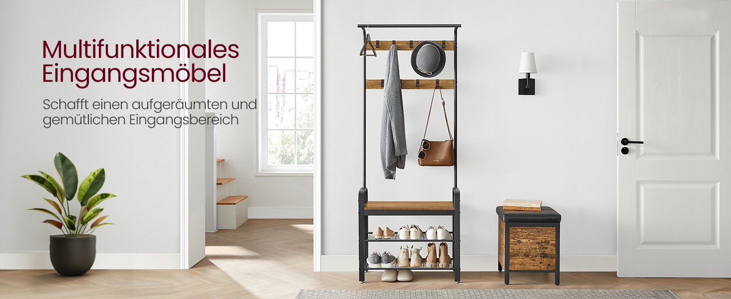 Важіль для одягу VASAGLE з полицею для взуття, 4-в-1, 9 знімних гачків, штанга для одягу, для прихожої, 33.7 x 72 x 183 см, індустріальний дизайн, горіхово-чорний колір