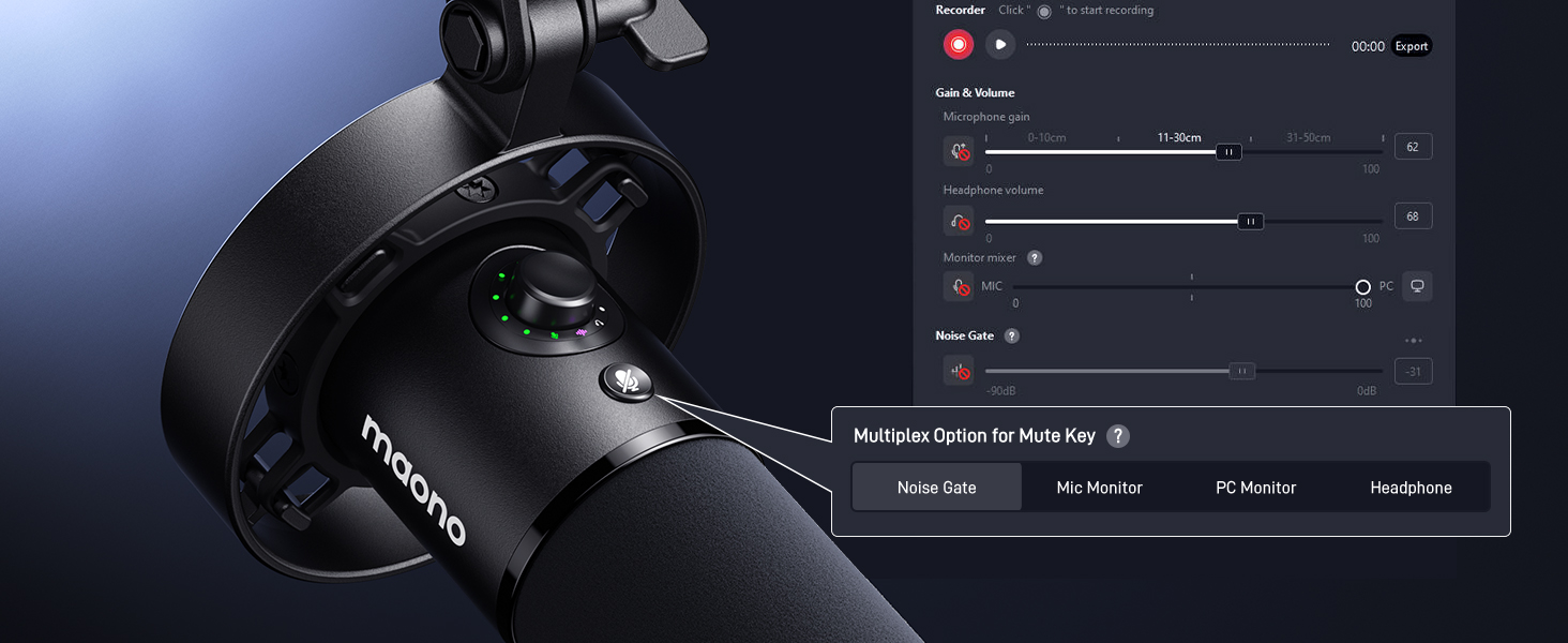 MAONO PD300X подкаст-мікрофон XLR/USB з шумозаглушенням, 192kHz/24Bit Hi-Fi аудіо, кнопка вимкнення звуку, програмне забезпечення для подкастингу, стрімінгу та студійного запису