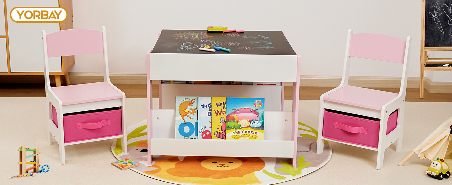 Дитячий стіл Yorbay з 2 стільцями, меблевий набір для дітей з дерева з місцем для зберігання та полицями для книг, стіл для малювання 3 в 1, стіл для активностей та стіл-дошка, дитяча кімната, ігрова кімната, для дошкільнят (Рожевий)