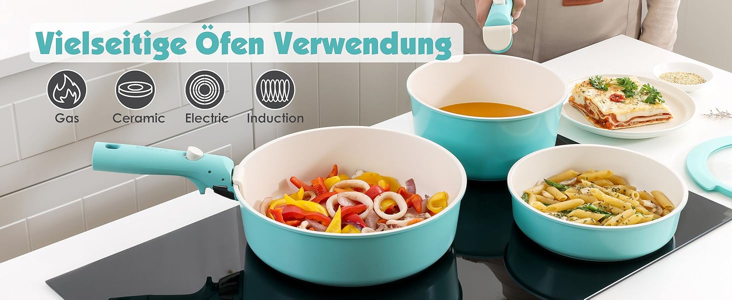 Набір каструль SENSARTE з керамічним покриттям (17 предметів) – антипригарне посуд з знімними ручками, для всіх плит, безпечне, миється в посудомийній машині, сумісне з духовкою (Турквіс)