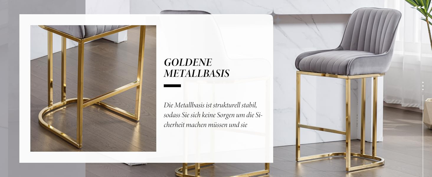 Набір з 2 барних стільців з велюру з золотистими металевими ніжками, з підлокітниками, для кухонного острова/домашнього бару, сірий